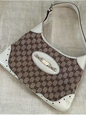 Gucci White & Brown GG Canvas Hobo Shoulder Bag